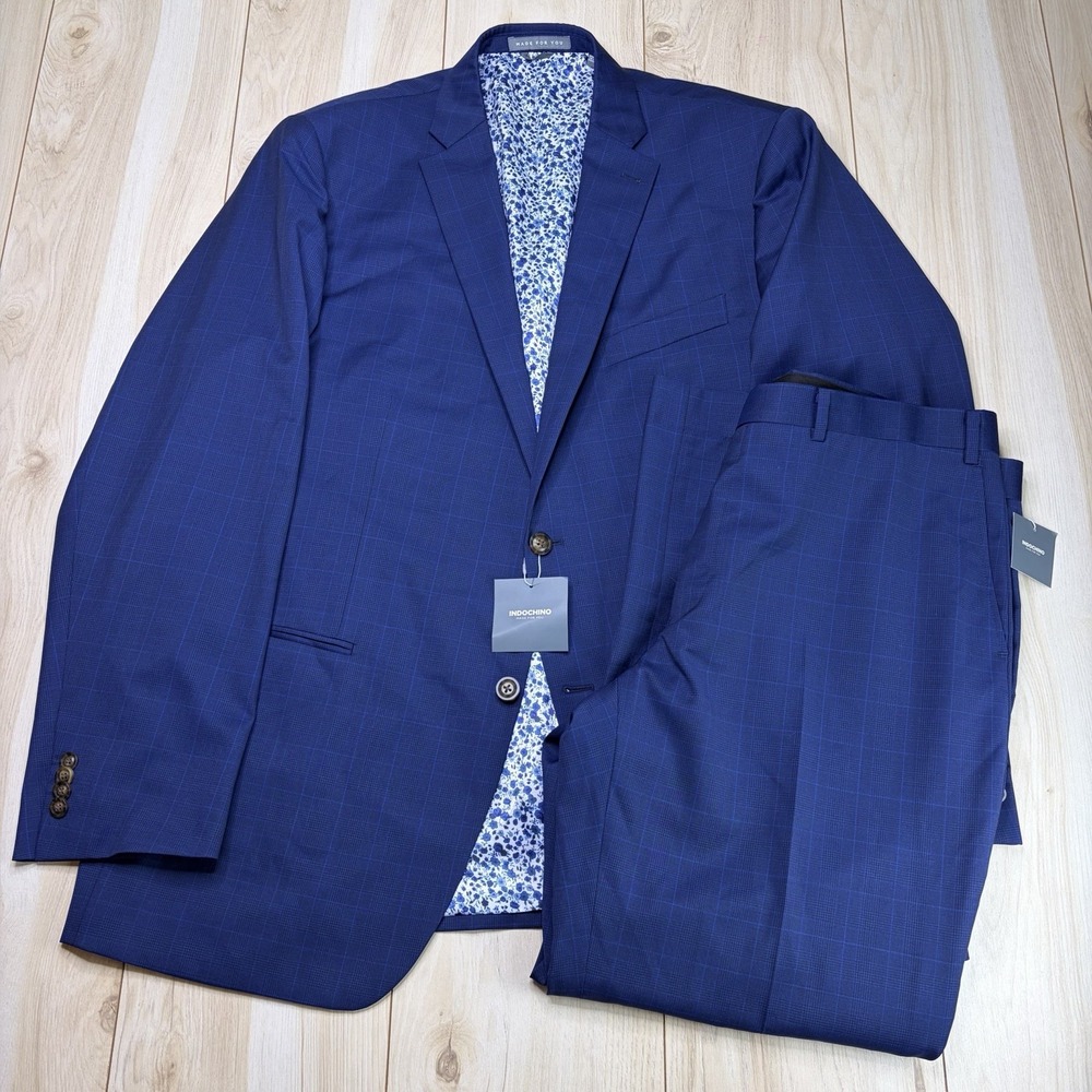 NEW Indochino Yaletown Prince of Wales Glen Plaid Wool Suit Mens 50XL 39x31 Blue